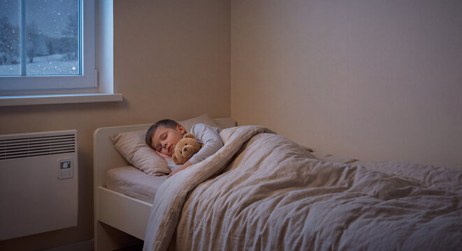 Un gar&ccedil;on dort avec son nounours dans une chambre en hiver. Le radiateur affiche 18 &deg;C, illustrant les &eacute;conomies d&rsquo;&eacute;nergie la nuit. Espace pour texte &agrave; droite