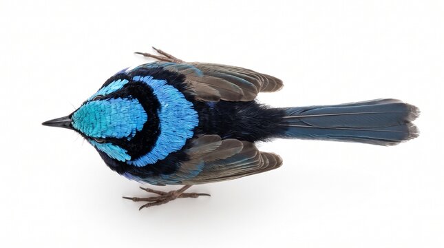 Generated with AI. Overhead view of blue and black superb fairywren on white.