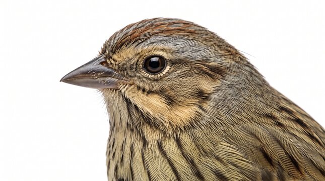 Generated with AI. Close-up of small brown sparrow head with dark eye and striped neck.
