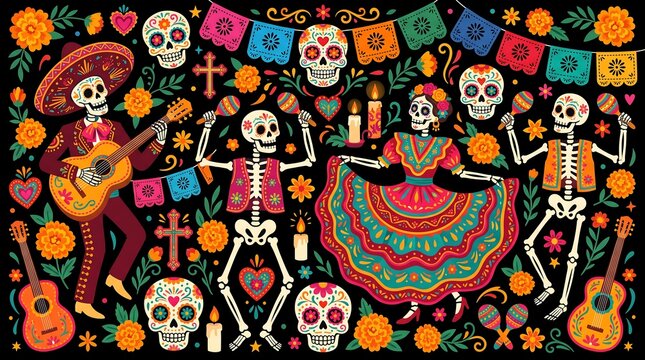 Dia de los muertos background with dancing skeletons, guitars, maracas, marigold flowers, sugar skulls, and traditional papel picado banners
