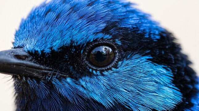 Generated with AI. Extreme close-up of vivid blue superb fairywren head and dark shiny eye.