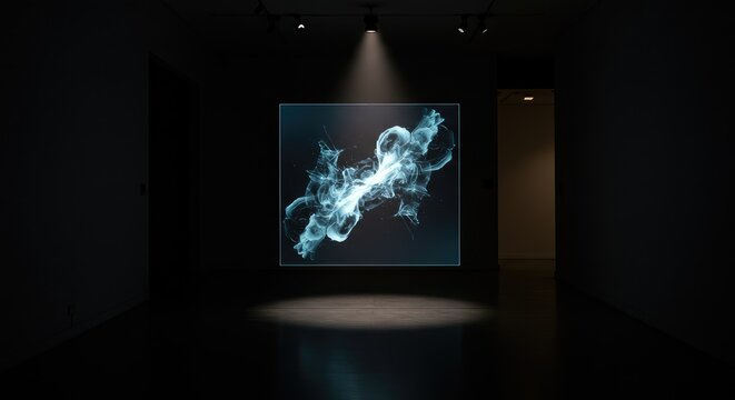Futuristic digital art projection of glowing abstract cosmic particles on dark gallery wall