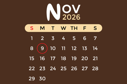 November 9, 2026 calendar in white and cream colors against a brown background