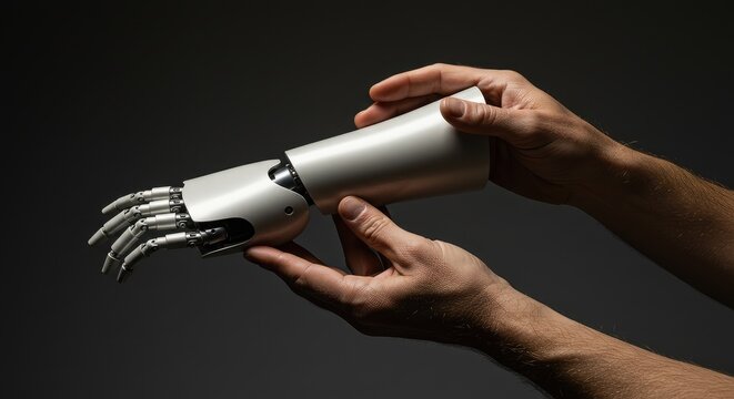 Human hand holding futuristic robotic prosthetic arm with white cylinder attachment