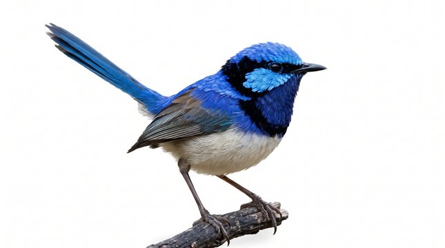 Generated with AI. Vibrant blue and black superb fairywren perched on twig with raised tail.