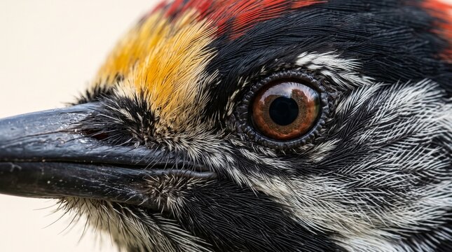 Generated with AI. Macro view of woodpecker brown eye with red yellow crown feathers.