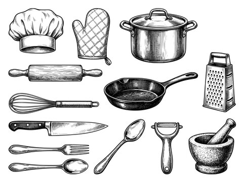 Vintage hand-drawn kitchenware set, monochromatic ink illustrations of cooking utensils, pots, pans and chef gear for culinary design, vector graphics