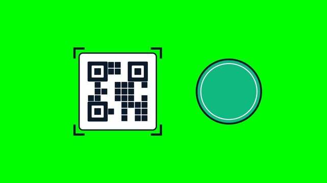 Digital QR code scanner scanning transaction with cryptocurrency coin on vibrant green screen background for modern mobile financial payment processing technology system