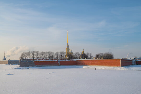 View of the Peter and Paul Fortress on a sunny January day. The historical center of St. Petersburg, Russia