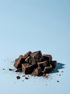 Pile of dark chocolate chunks on a light blue background
