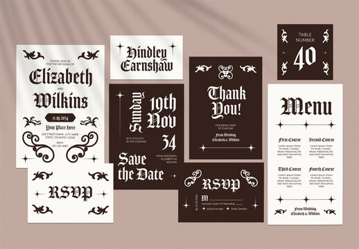Dark Brown and White Gothic Edgy Wedding Invitation Set