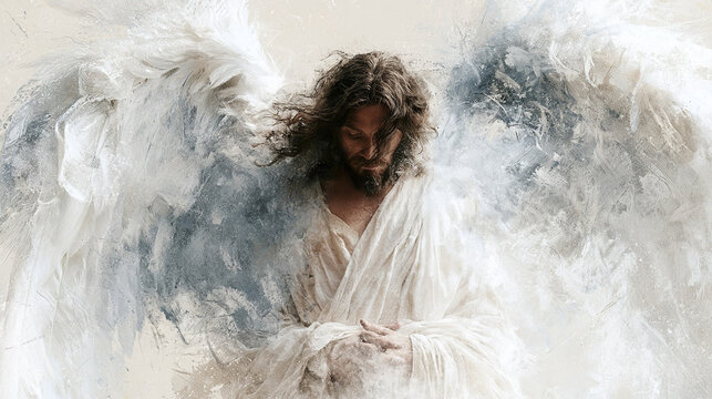 Angelic Figure with Wings in Soft White and Silver Surroundings Evokes Serenity and Divine Presence