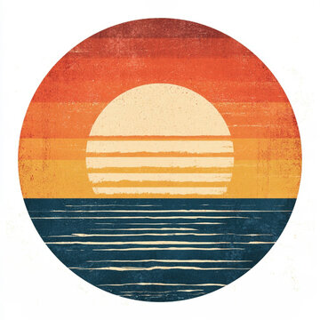 Vintage Retro Sunset Design for Print on Demand with Striped Circle Pattern and Ocean Waves Background