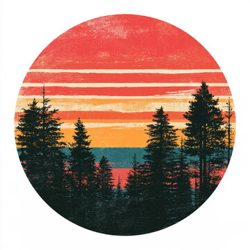 Retro Sunset Vintage Design for Print on Demand Featuring Nature and Trees in a Circular Format