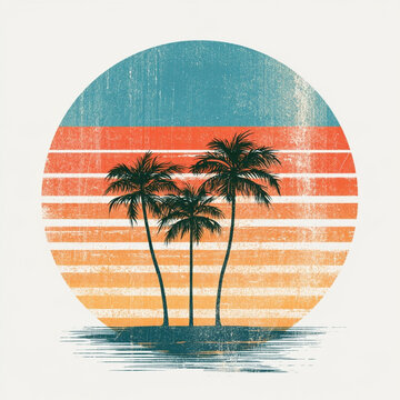 Retro Sunset Design with Palm Trees for Vintage Print on Demand Merchandise