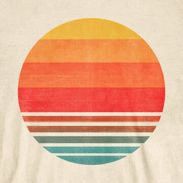 Vintage Retro Sunset Design for Print on Demand with Bright Stripes and Circular Shape