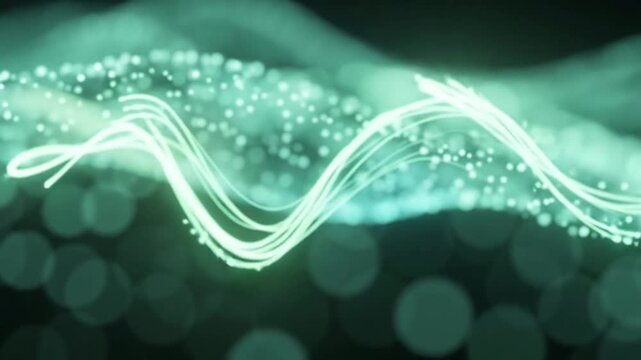 Abstract digital landscape of glowing turquoise particles forming waves in motion