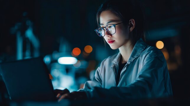 Asian industrial data analyst working with AI on laptop