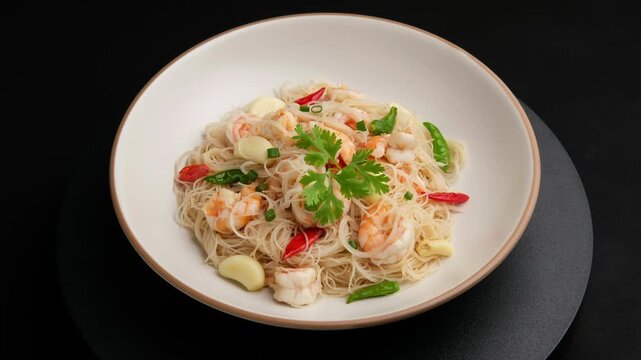 Stir Fried Rice Vermicelli with shrimp and fresh chilli garlic in white plate.