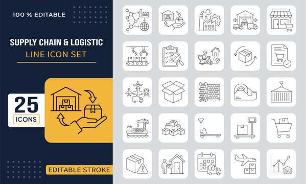 Supply Chain and Logistics Line Icon Set with Warehouse, Delivery, and Distribution Symbols