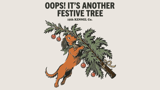 Dachshund dog jumping on christmas tree branch, funny pet holiday humor for apparel. Vintage hand-drawn illustration.