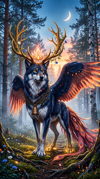 Generative AI illustration of a sacred Slavic chimera beast with wolf head, stag antlers, firebird wings, and peacock tail standing in a mystical pine forest under crescent moon.
