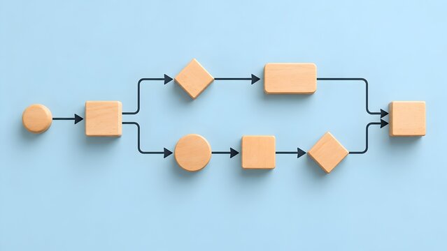 Blank wooden blocks in geometric shapes connected by arrows creating a generic flowchart and process decision tree diagram