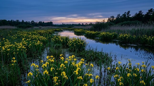 Serene evening landscape featuring yellow wild irises along a quiet river in the marshland under a colorful sunset sky.