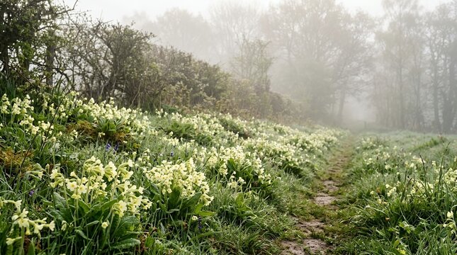 Misty Forest Path Lined with Beautiful Wild Yellow Primroses in Bloom During an Ethereal Spring Morning with Soft Fog