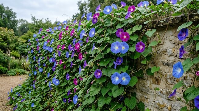 Vibrant Blue and Purple Morning Glory Vines Growing Over an Old Stone Wall in a Peaceful Country Garden Landscape