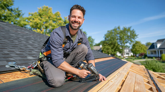A roofer working near the ridge of a sloped house roof, spreading roofing felt underlayment over a timber deck and fastening it with a pneumatic nail gun, clean overlapping membrane lines following 