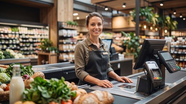 Smiling female cashier stands behind a modern supermarket checkout surrounded by fresh vegetables and payment equipment, during focused review