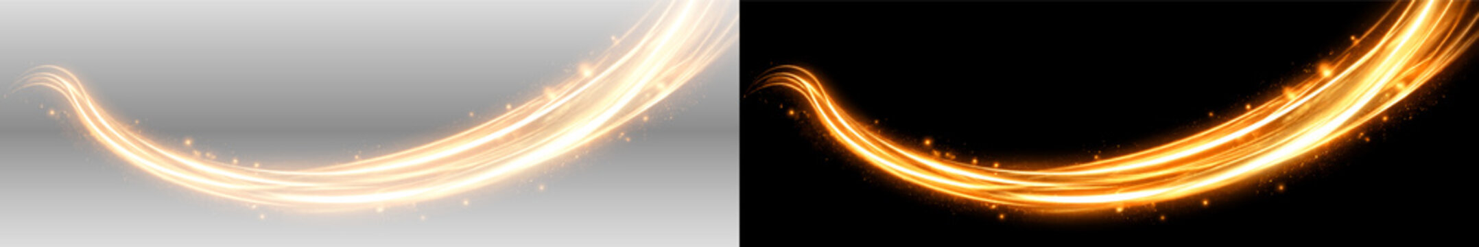Golden glowing light leak PNG overlay with radiant curved sweep and luminous orange trail, on transparent background