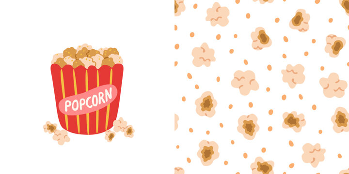 Popcorn bucket and seamless pattern. Red striped bucket box and repeat background with popped corn kernels for cinema branding, food packaging, menu card, and textile print. Flat vector illustration.