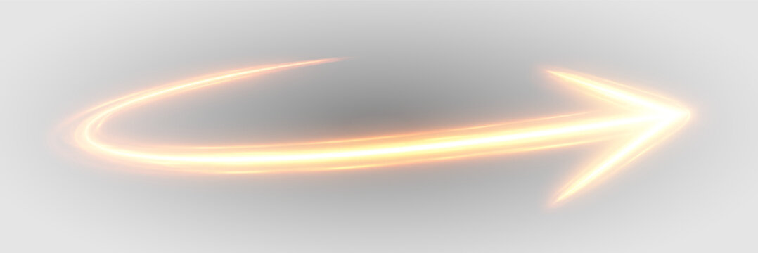 Orange light leak PNG overlay with luminous curved arrow and radiant golden trail, on transparent background