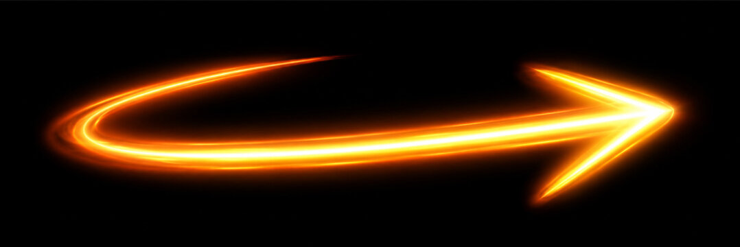 Orange glowing light leak PNG overlay with radiant curved arrow and luminous trail