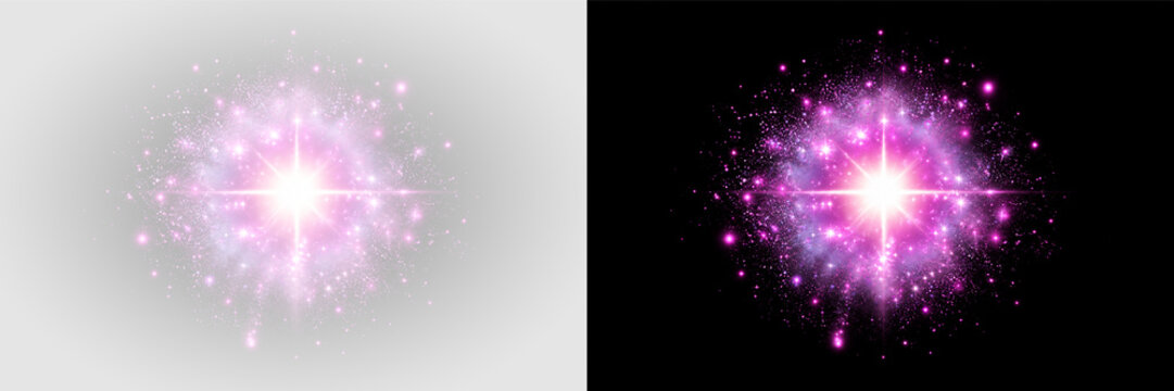 Pink glowing starburst PNG overlay with radiant light rays and sparkling particle cloud, on transparent background