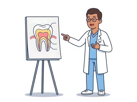 Friendly male dentist wearing glasses pointing at an anatomical tooth chart on an easel in a medical vector illustration