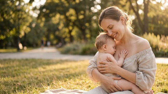 Mother holding and breastfeeding infant in a park. Maternal bonding and early childhood care. Breastfeeding support and infant nutrition. Family wellness and parenting