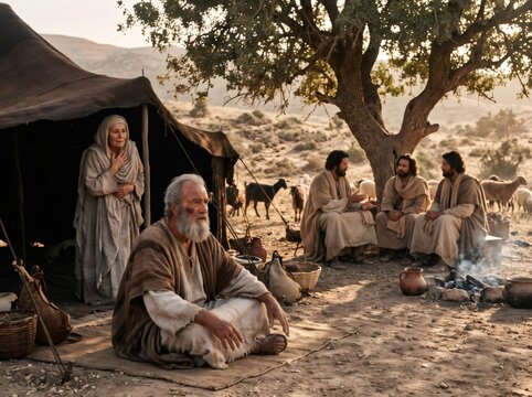 Abraham and Sarah receiving the divine promise in the desert