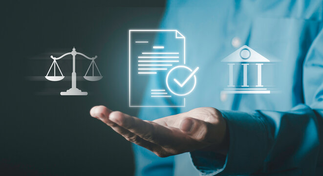 Auditing, banking compliance, financial investigation, law, risk assessment and verification. Businessman using a laptop and magnifying glass to examine financial documents and legal information.