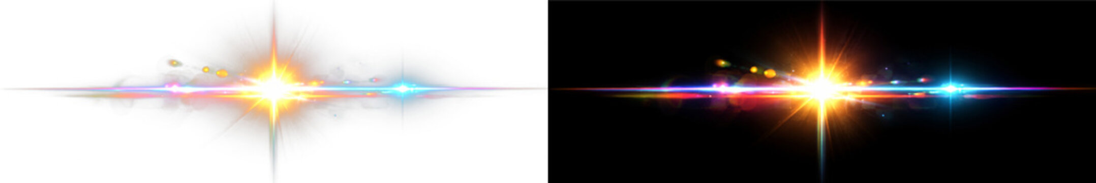 Colorful starburst PNG overlay with luminous central flash and radiant horizontal light streak, on transparent background