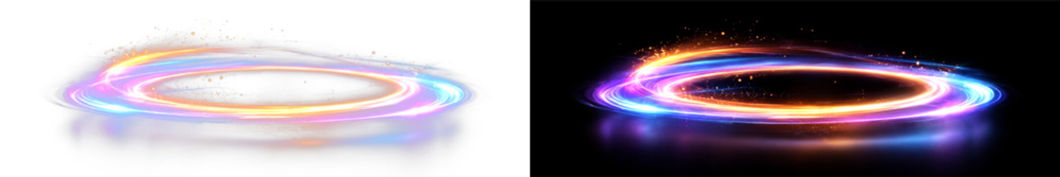 Multicolor glowing ring PNG overlay with radiant pink blue cyan and orange light, on transparent background