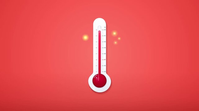 Animated thermometer rising on red background showing heat increase.