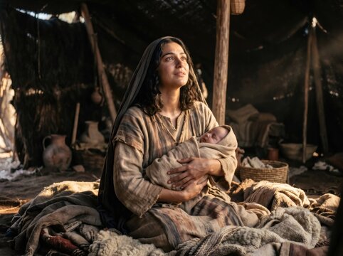 Woman holding infant looking up in humble dwelling