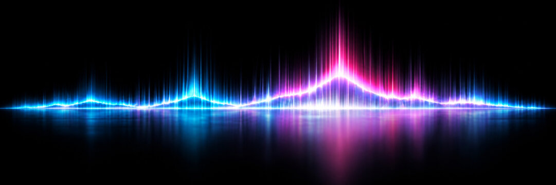 Pink blue glow PNG overlay with radiant audio waveform and luminous frequency spectrum