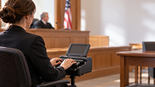 Courtroom stenographer typing on a steno machine during a trial  