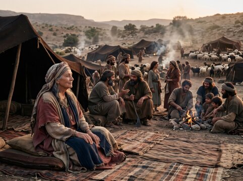 Older woman observing nomadic tribal community in desert camp