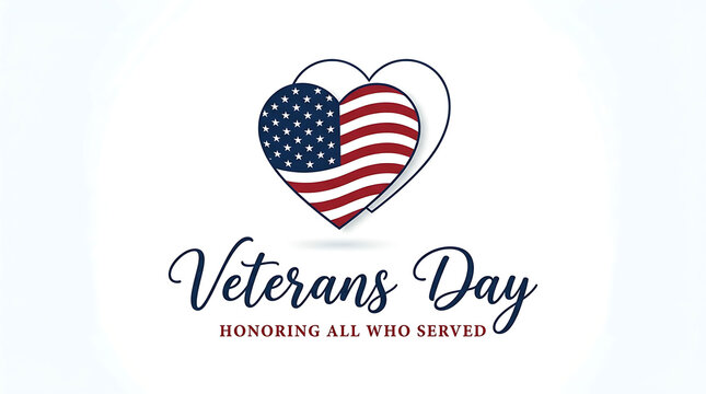 Veterans Day logo with American flag heart and honoring all who served text