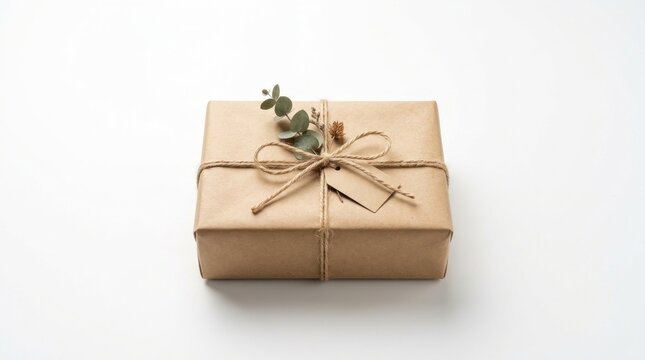 Sustainable gift box with twine and green leaves accent.